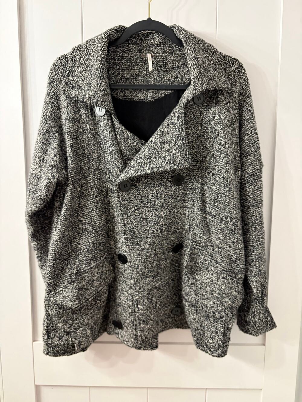 Free People Slouchy Jacket Trench Pea Coat Black white Tweed women’s Sz XS EUC